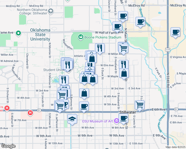 map of restaurants, bars, coffee shops, grocery stores, and more near in Stillwater