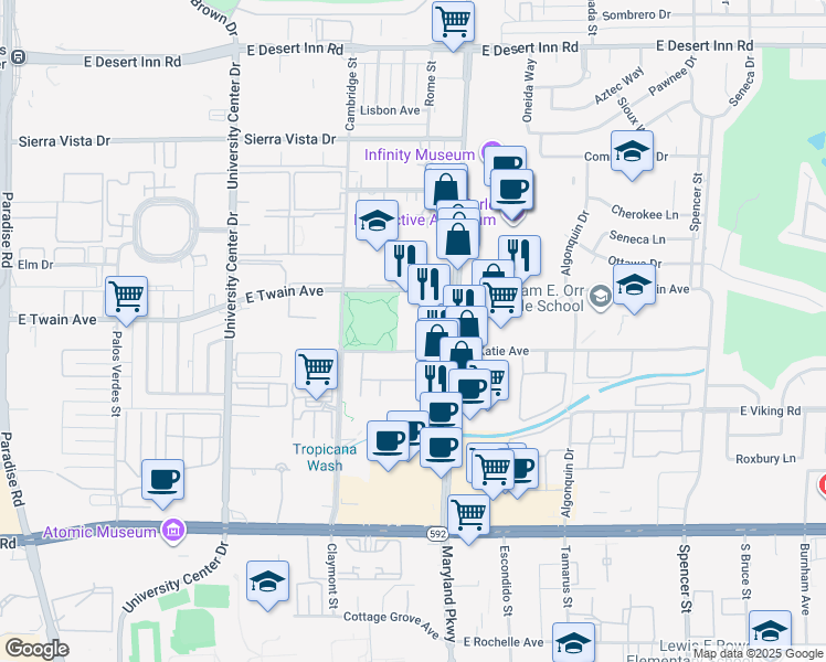 map of restaurants, bars, coffee shops, grocery stores, and more near 1159 East Twain Avenue in Las Vegas