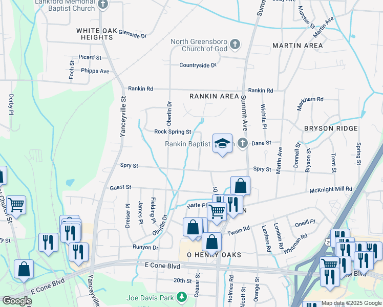 map of restaurants, bars, coffee shops, grocery stores, and more near 3315 Amos Drive in Greensboro