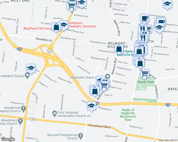map of restaurants, bars, coffee shops, grocery stores, and more near 1812 Primrose Avenue in Nashville