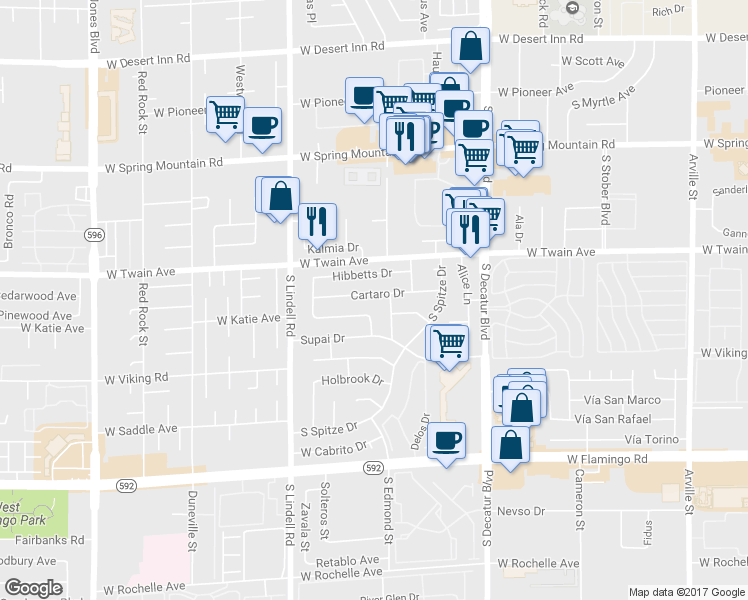 map of restaurants, bars, coffee shops, grocery stores, and more near 5253 Cartaro Drive in Las Vegas