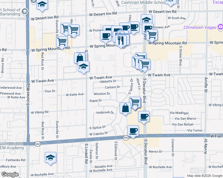 map of restaurants, bars, coffee shops, grocery stores, and more near 5273 Hibbetts Drive in Las Vegas