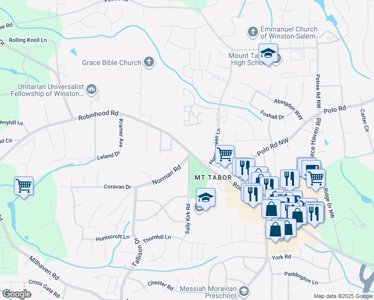 map of restaurants, bars, coffee shops, grocery stores, and more near Robinhood Road in Winston-Salem