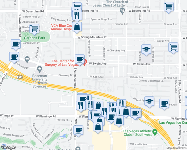 map of restaurants, bars, coffee shops, grocery stores, and more near 10059 Oak Creek Canyon Avenue in Las Vegas