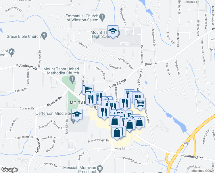 map of restaurants, bars, coffee shops, grocery stores, and more near 3419 Polo Road Northwest in Winston-Salem