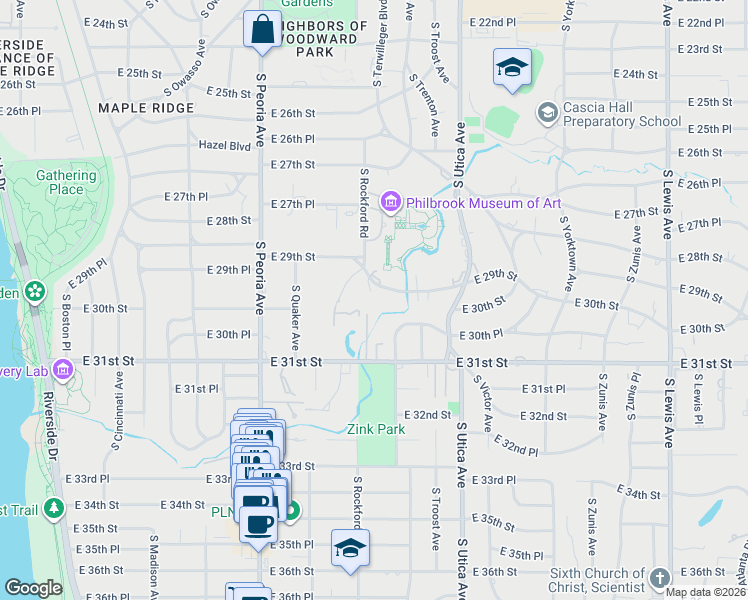 map of restaurants, bars, coffee shops, grocery stores, and more near 1550 East 29th Street in Tulsa