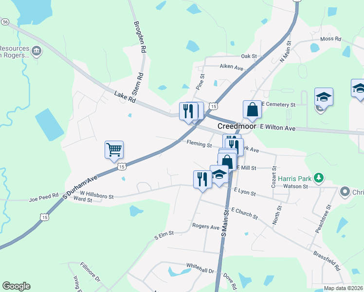 map of restaurants, bars, coffee shops, grocery stores, and more near 501 North Durham Avenue in Creedmoor