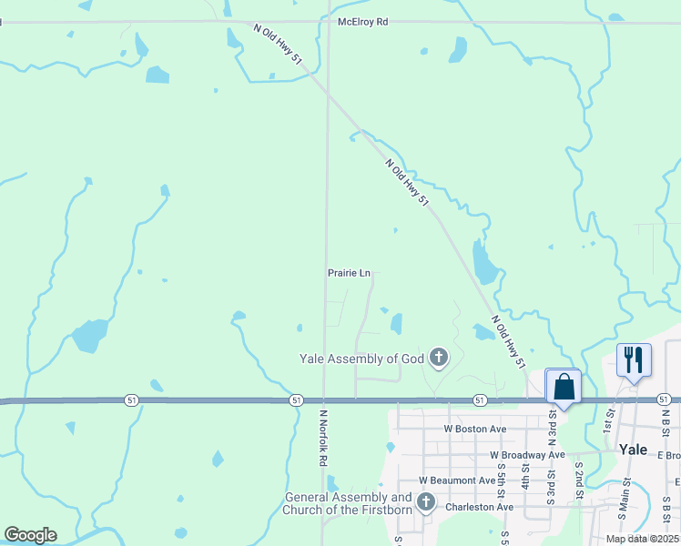 map of restaurants, bars, coffee shops, grocery stores, and more near 1122 Prairie Lane in Yale