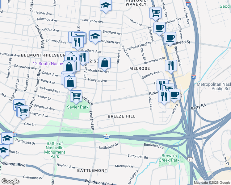 map of restaurants, bars, coffee shops, grocery stores, and more near 2715B 9th Avenue South in Nashville