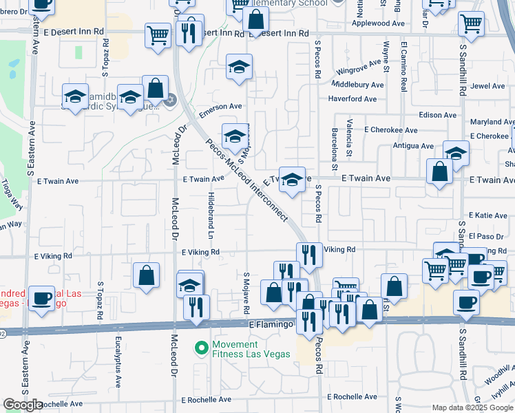 map of restaurants, bars, coffee shops, grocery stores, and more near 3740 Pecos-McLeod Interconnect in Las Vegas