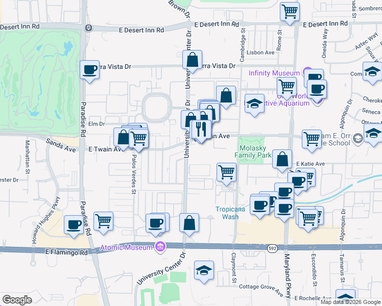 map of restaurants, bars, coffee shops, grocery stores, and more near 815 East Twain Avenue in Las Vegas