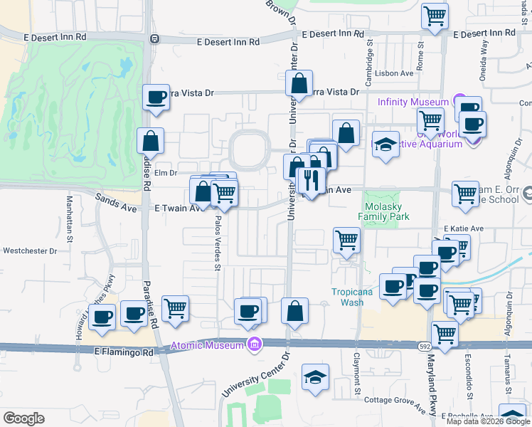 map of restaurants, bars, coffee shops, grocery stores, and more near 728 East Twain Avenue in Las Vegas