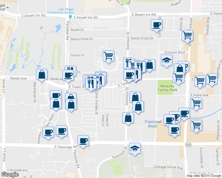 map of restaurants, bars, coffee shops, grocery stores, and more near 3740 Royal Crest Street in Las Vegas