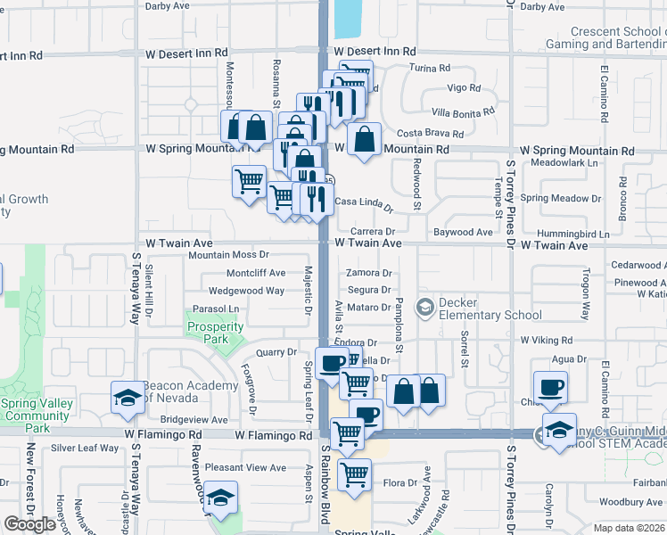 map of restaurants, bars, coffee shops, grocery stores, and more near 3726 Avila Circle in Las Vegas