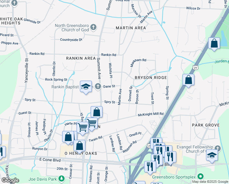 map of restaurants, bars, coffee shops, grocery stores, and more near 3401 Wichita Place in Greensboro