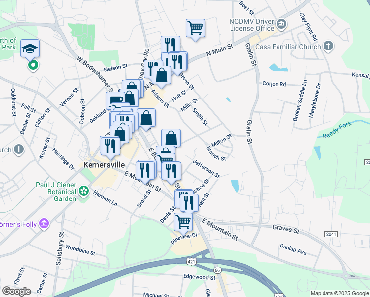 map of restaurants, bars, coffee shops, grocery stores, and more near 321 Burke Street in Kernersville