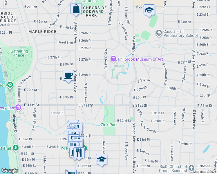 map of restaurants, bars, coffee shops, grocery stores, and more near 2929 South Rockford Road in Tulsa