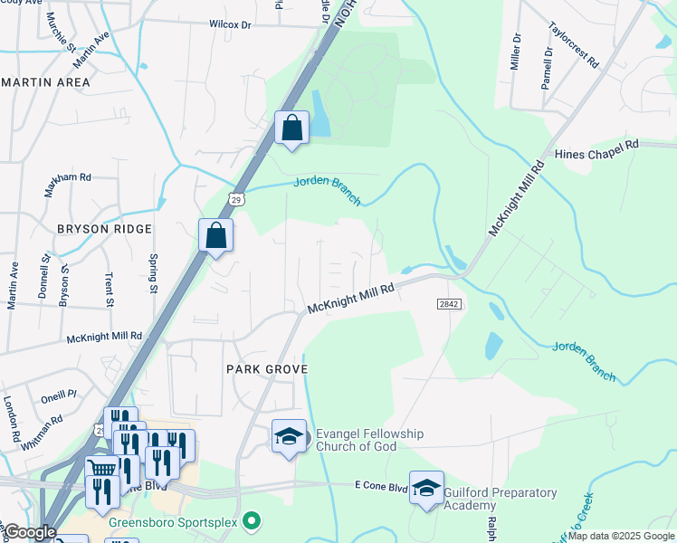 map of restaurants, bars, coffee shops, grocery stores, and more near 101 Windhill Court in Greensboro