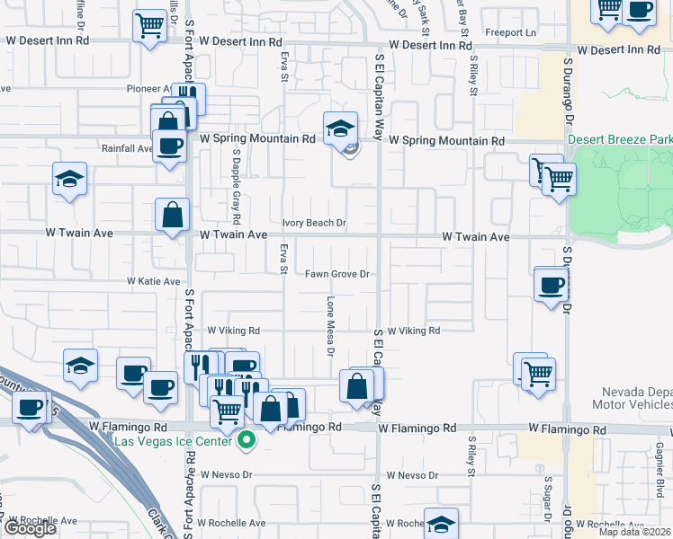 map of restaurants, bars, coffee shops, grocery stores, and more near 3772 Lone Mesa Drive in Las Vegas