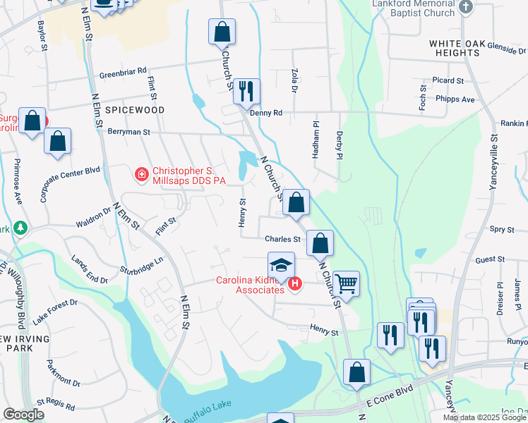 map of restaurants, bars, coffee shops, grocery stores, and more near 3207 Bach Terrace in Greensboro