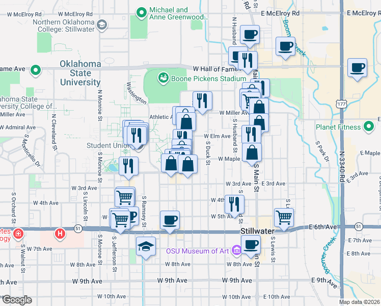 map of restaurants, bars, coffee shops, grocery stores, and more near 123 South West Street in Stillwater