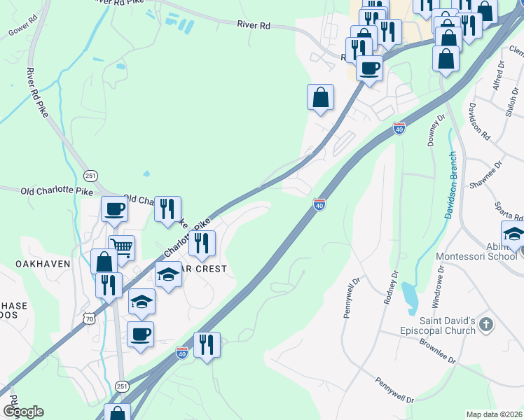 map of restaurants, bars, coffee shops, grocery stores, and more near 7277 Charlotte Pike in Nashville