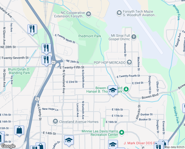 map of restaurants, bars, coffee shops, grocery stores, and more near 1518 25th Street in Winston-Salem
