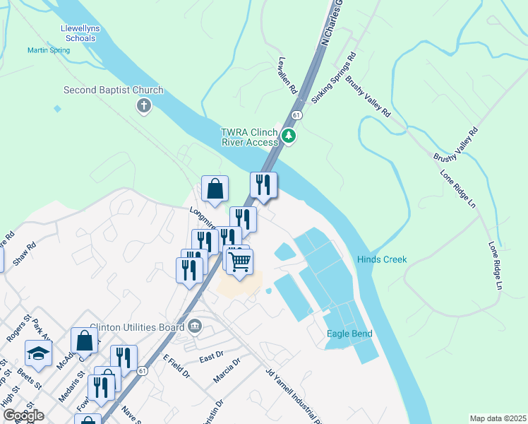 map of restaurants, bars, coffee shops, grocery stores, and more near 1115 North Charles G Seivers Boulevard in Clinton