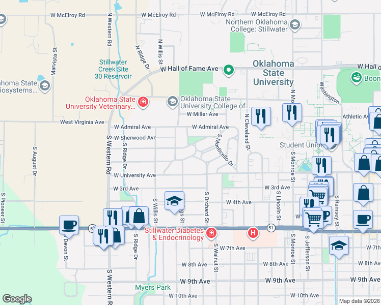 map of restaurants, bars, coffee shops, grocery stores, and more near 1817 West Arrowhead Place in Stillwater
