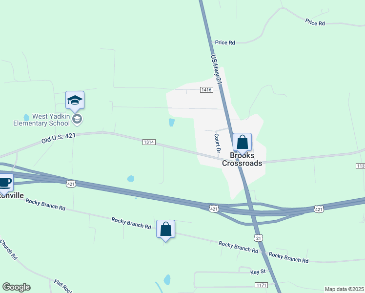 map of restaurants, bars, coffee shops, grocery stores, and more near 4200 Old US Highway 421 in Zionville