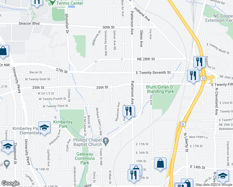 map of restaurants, bars, coffee shops, grocery stores, and more near 105 East Twenty Fourth Street in Winston-Salem