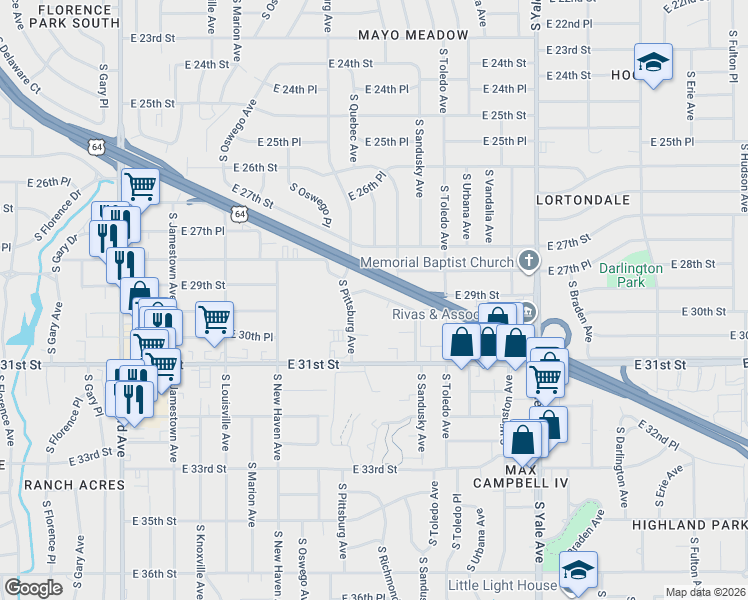 map of restaurants, bars, coffee shops, grocery stores, and more near 4132 East 28th Place in Tulsa