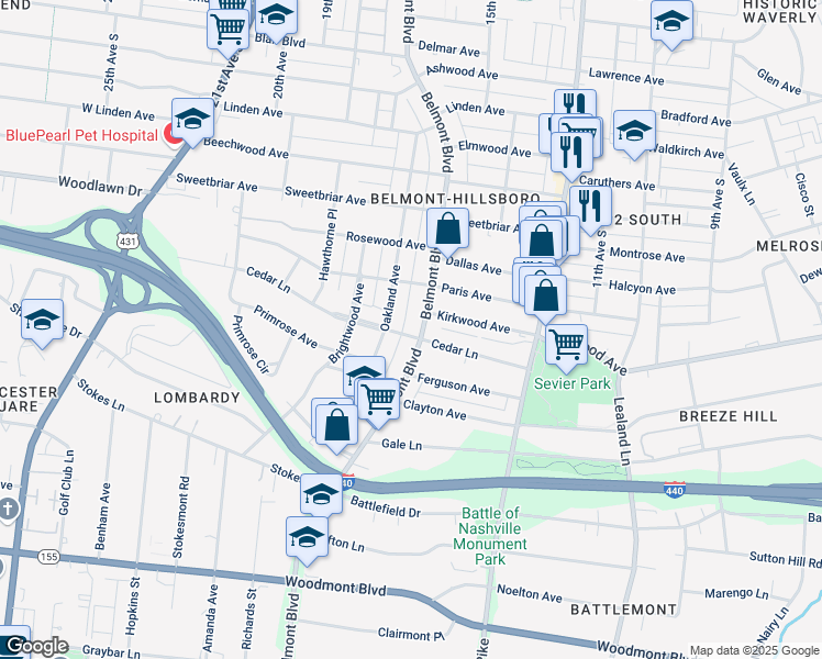 map of restaurants, bars, coffee shops, grocery stores, and more near 2814 Oakland Avenue in Nashville