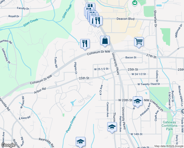 map of restaurants, bars, coffee shops, grocery stores, and more near 2512 Kirkwood Street in Winston-Salem