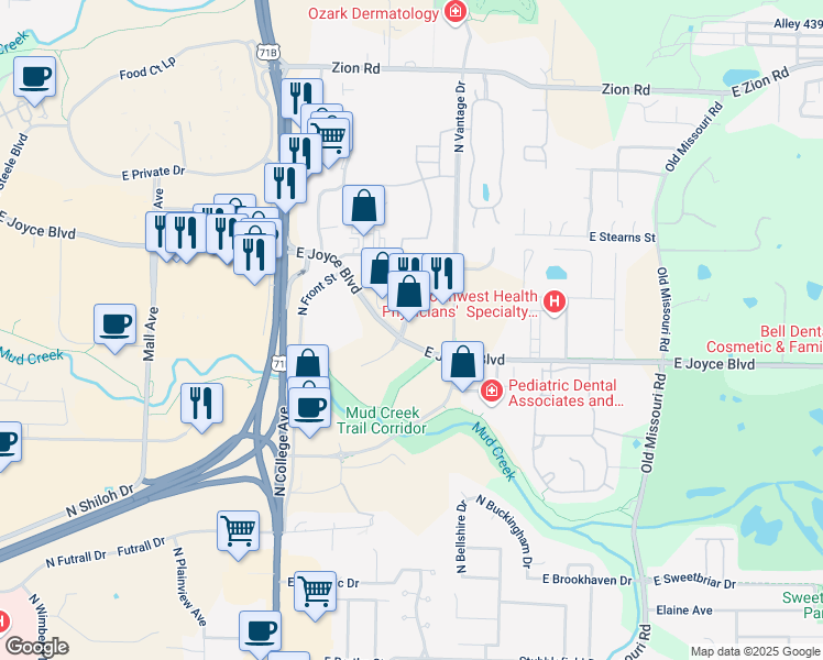 map of restaurants, bars, coffee shops, grocery stores, and more near in Fayetteville