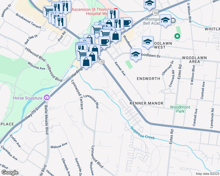 map of restaurants, bars, coffee shops, grocery stores, and more near 131 Woodmont Boulevard in Nashville