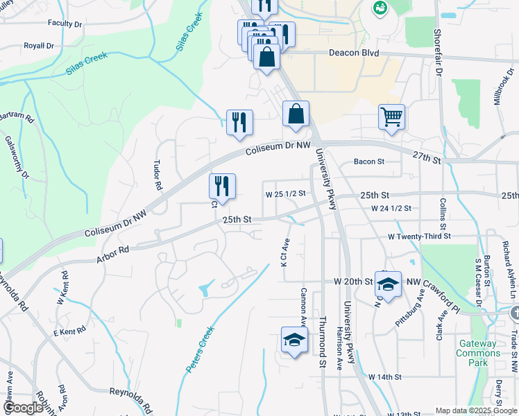 map of restaurants, bars, coffee shops, grocery stores, and more near 2512 Kirkwood Street in Winston-Salem