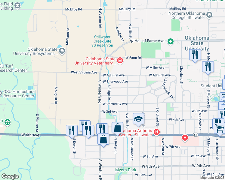 map of restaurants, bars, coffee shops, grocery stores, and more near 123 South Ridge Drive in Stillwater