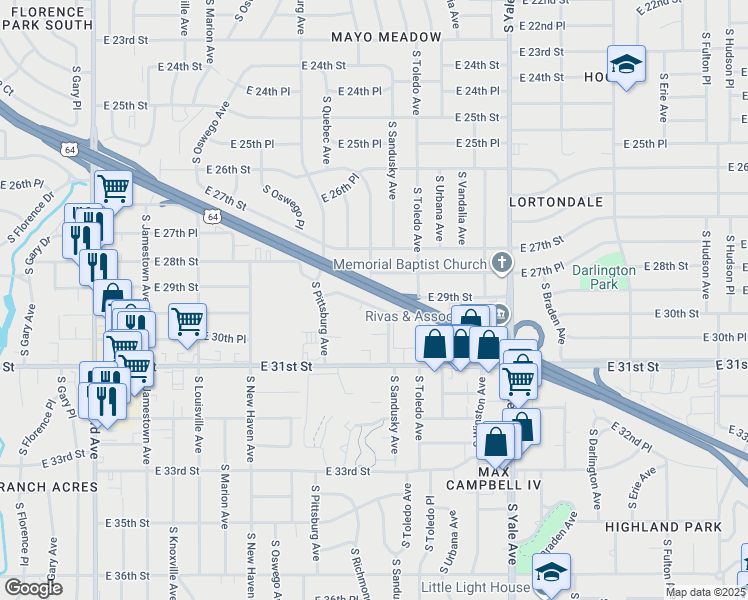 map of restaurants, bars, coffee shops, grocery stores, and more near 4301 East Broken Arrow Ex South in Tulsa