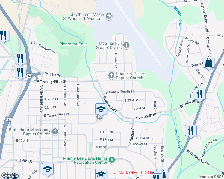 map of restaurants, bars, coffee shops, grocery stores, and more near 1916 Northeast 25th Street in Winston-Salem
