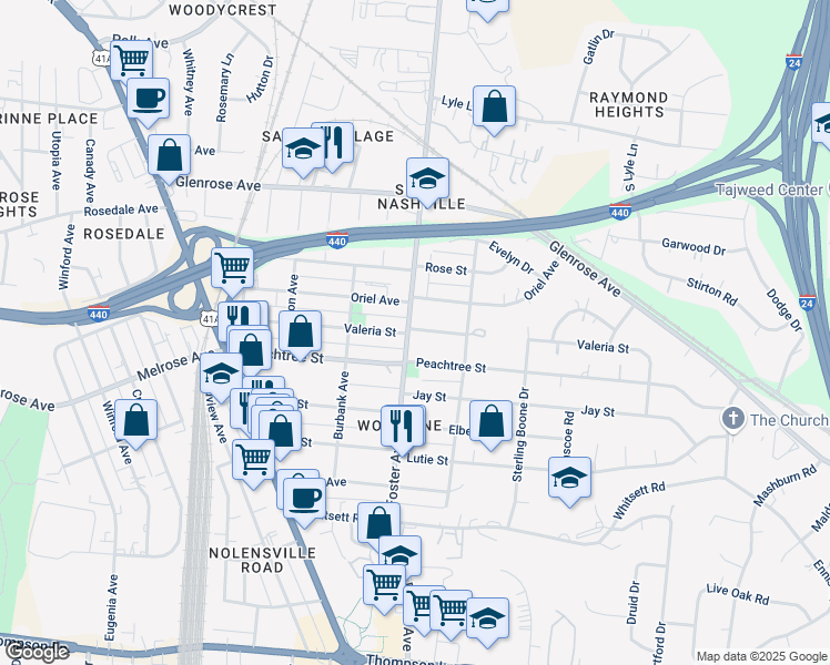 map of restaurants, bars, coffee shops, grocery stores, and more near 2312 Foster Avenue in Nashville