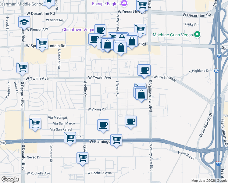 map of restaurants, bars, coffee shops, grocery stores, and more near 4170 Mississippi Avenue in Las Vegas