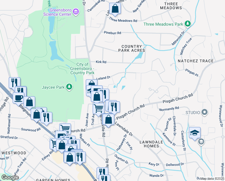 map of restaurants, bars, coffee shops, grocery stores, and more near 111 Tall Oaks Drive in Greensboro