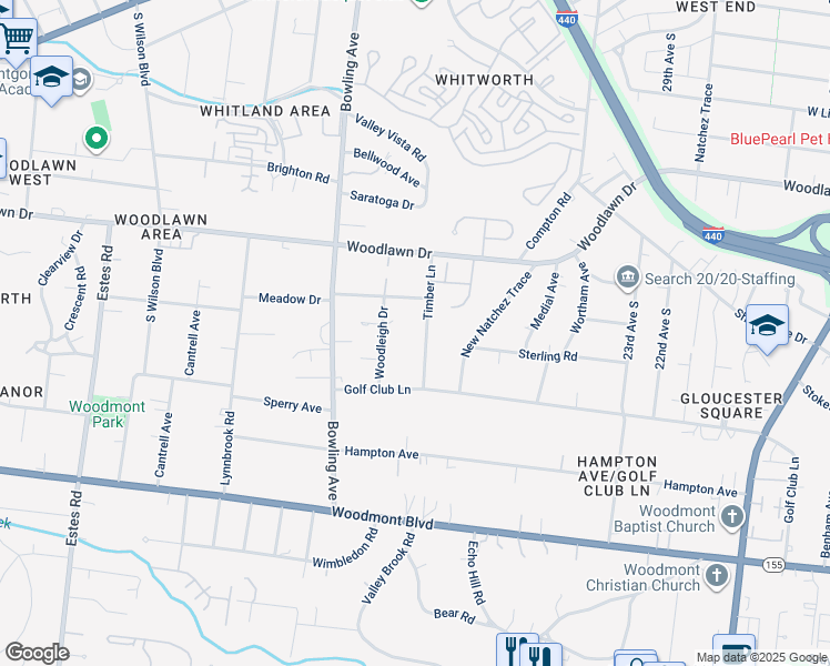 map of restaurants, bars, coffee shops, grocery stores, and more near 652 Timber Lane in Nashville