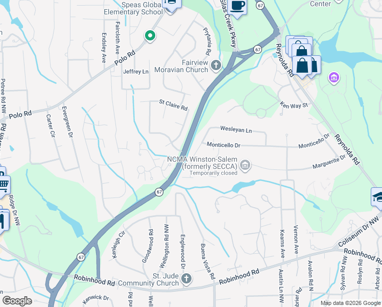 map of restaurants, bars, coffee shops, grocery stores, and more near 2915 Wesleyan Lane in Winston-Salem