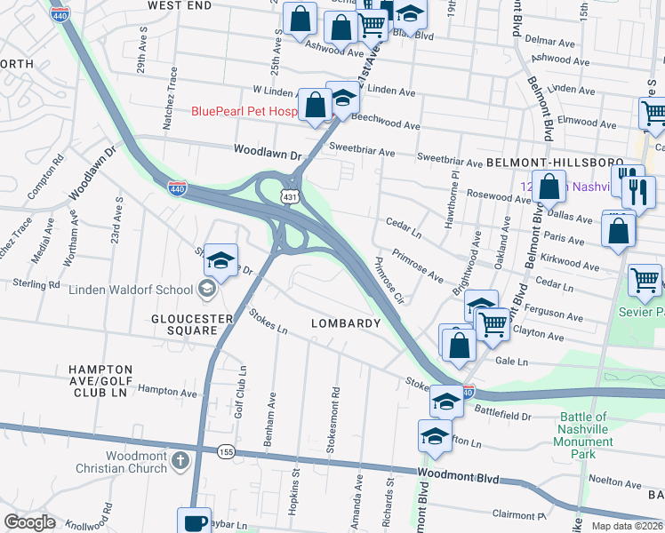 map of restaurants, bars, coffee shops, grocery stores, and more near 259 Hillsboro Place in Nashville