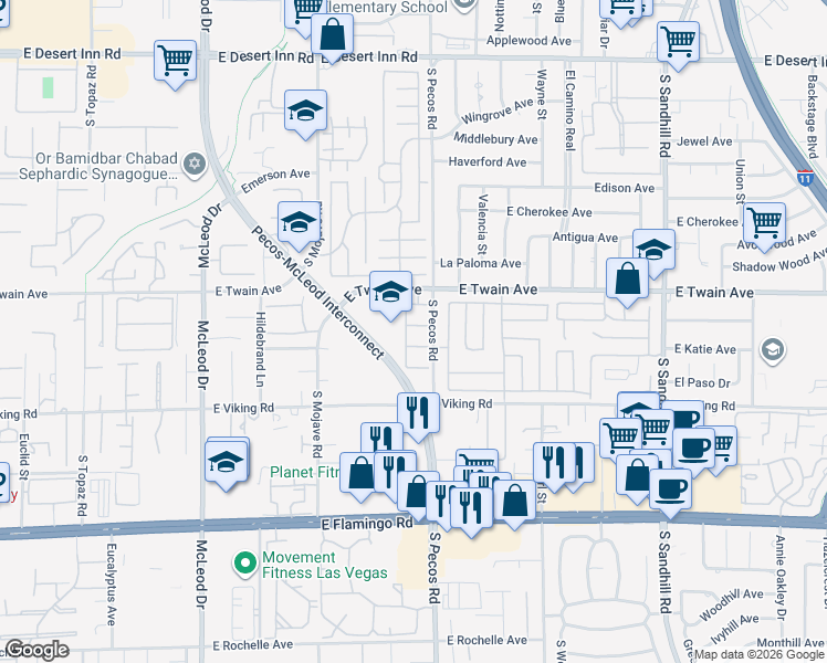 map of restaurants, bars, coffee shops, grocery stores, and more near 3392 South Pecos Road in Las Vegas