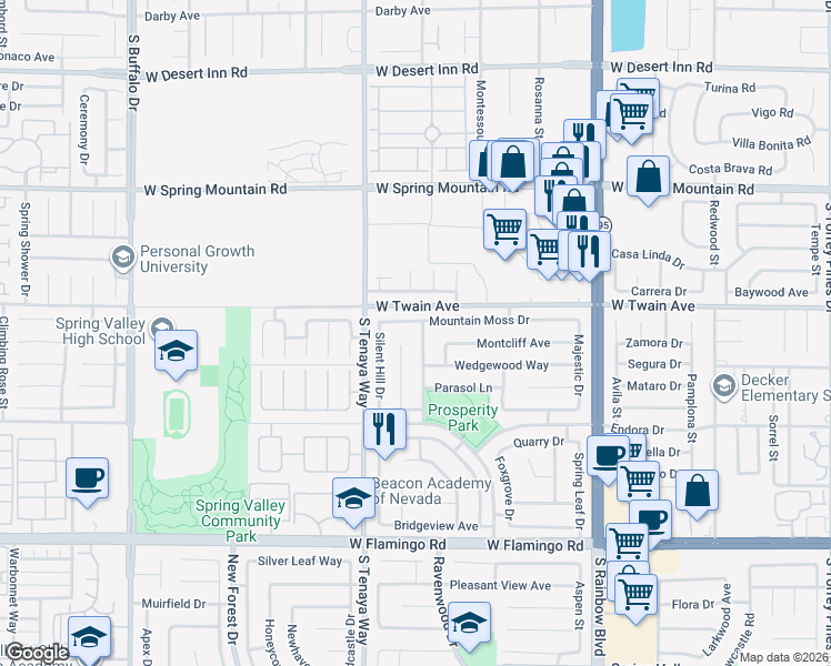 map of restaurants, bars, coffee shops, grocery stores, and more near 3737 Prosperity Lane in Las Vegas