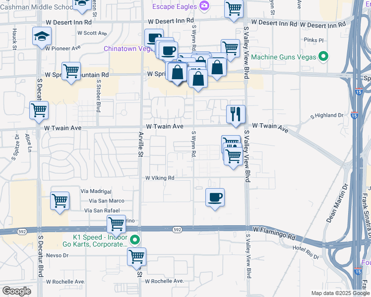 map of restaurants, bars, coffee shops, grocery stores, and more near 4165 Mississippi Avenue in Las Vegas