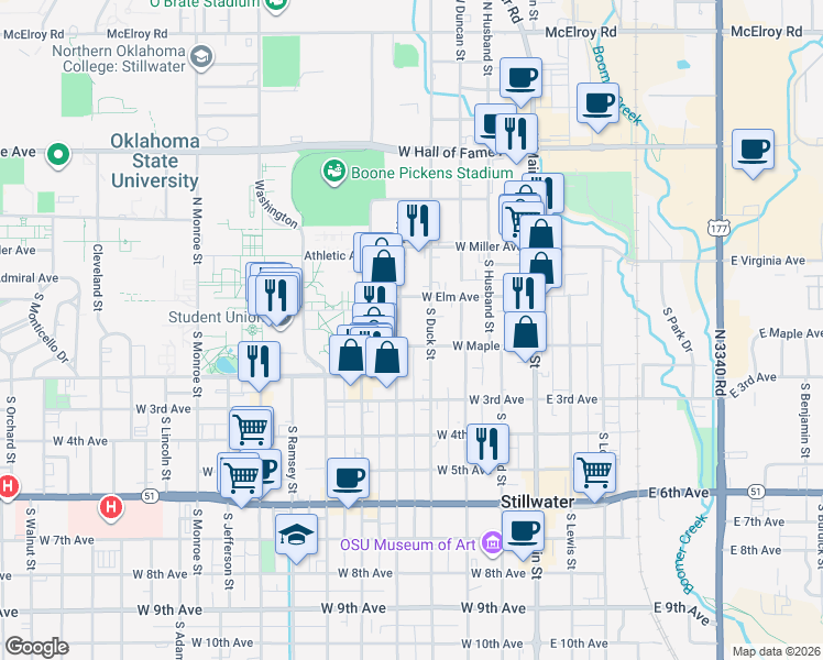 map of restaurants, bars, coffee shops, grocery stores, and more near 123 South West Street in Stillwater